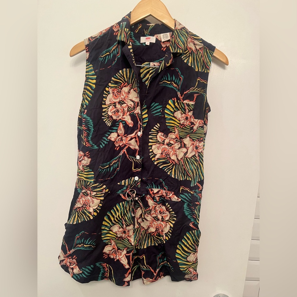 Farm Rio Levi’s tropical print floral navy romper XS lyocell